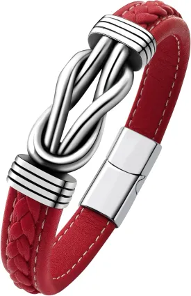 Mens Black Braided Leather Bracelet, Green/Red/Brown/Black Braided Leather Infinity Knot Bracelets for Men with Stainless Steel Clasp, 7.5/8.5/9in Length