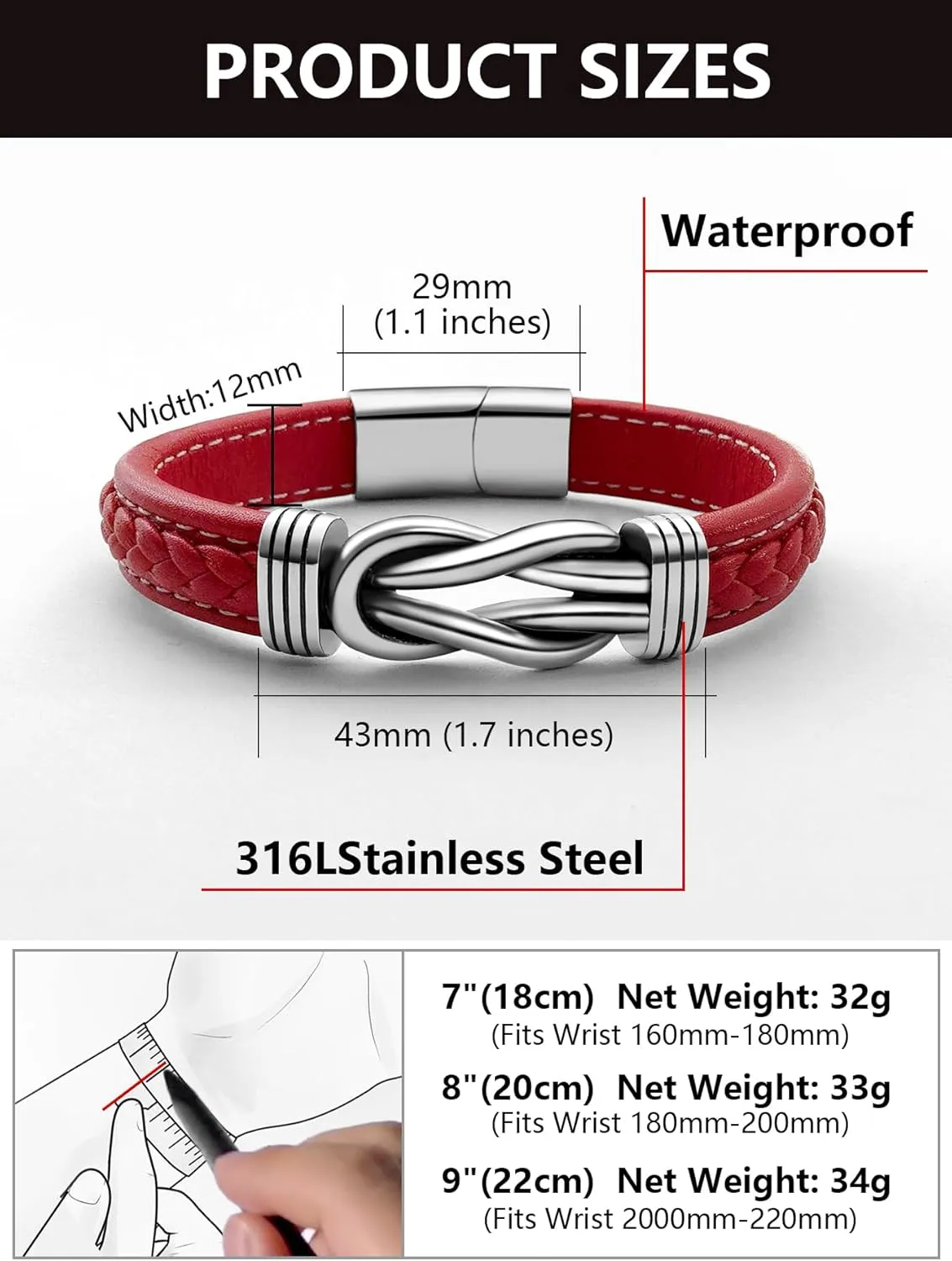 Mens Black Braided Leather Bracelet, Green/Red/Brown/Black Braided Leather Infinity Knot Bracelets for Men with Stainless Steel Clasp, 7.5/8.5/9in Length
