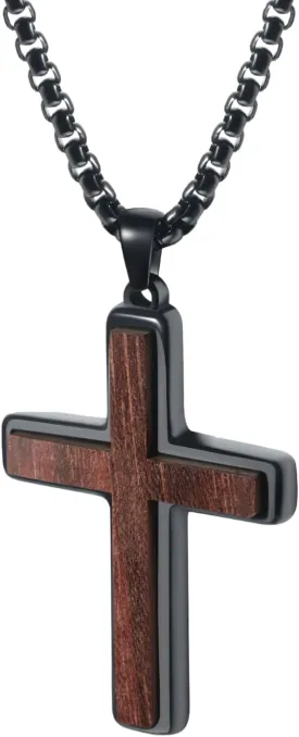 Mens Wooden Cross Necklace, Handmade Real Ebony Wood Cross Pendant for Men, Christian Crucifix Cross Necklace for Men, 24 Inch Stainless Steel Box Chain