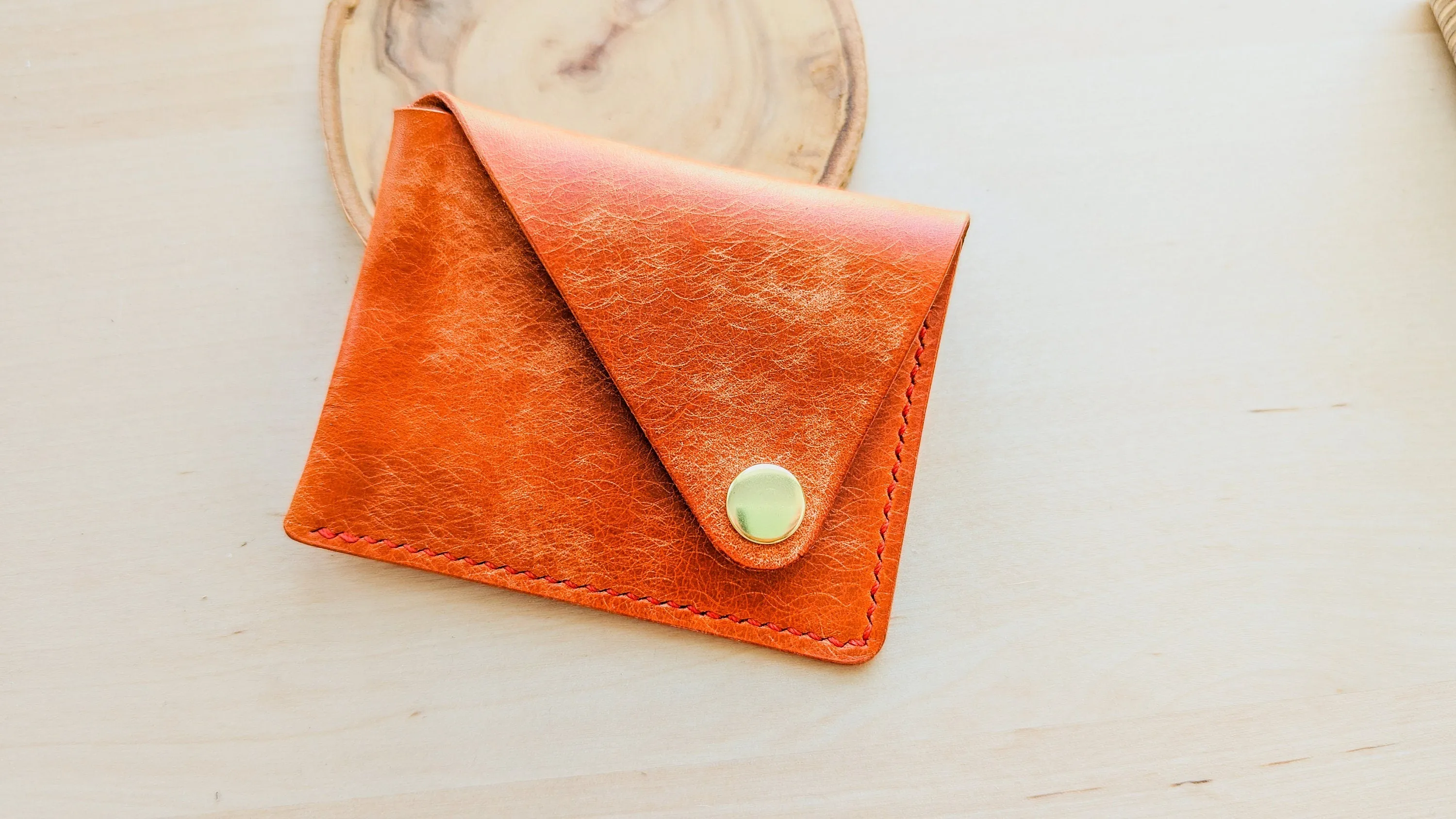 Orange Italian Leather Asymmetrical Minimalist Snap Wallet