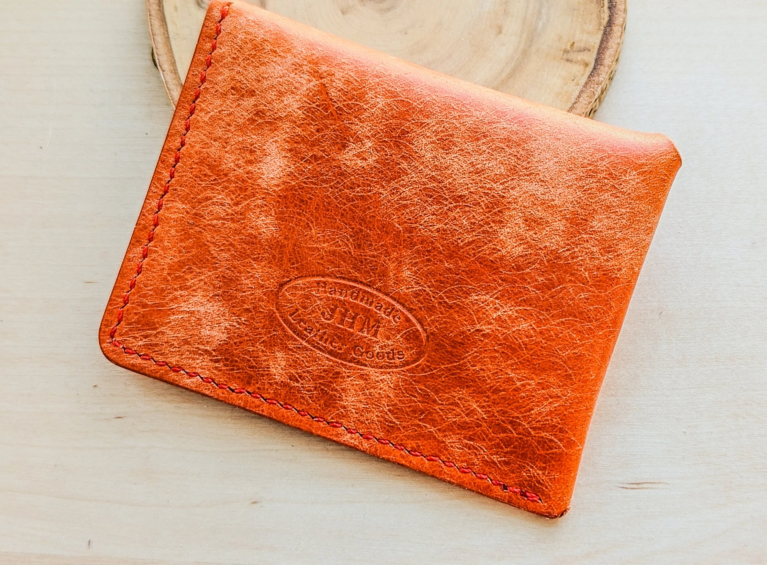 Orange Italian Leather Asymmetrical Minimalist Snap Wallet