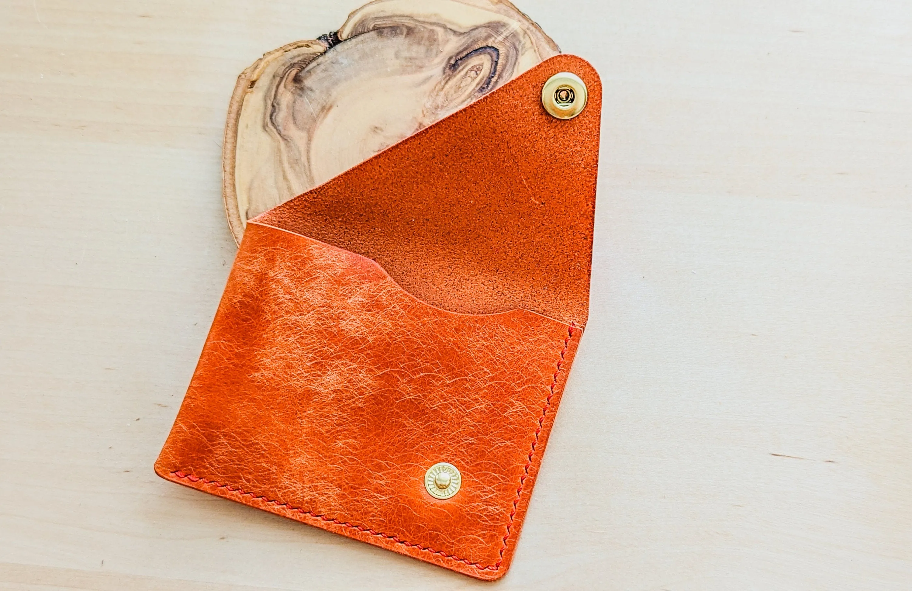 Orange Italian Leather Asymmetrical Minimalist Snap Wallet