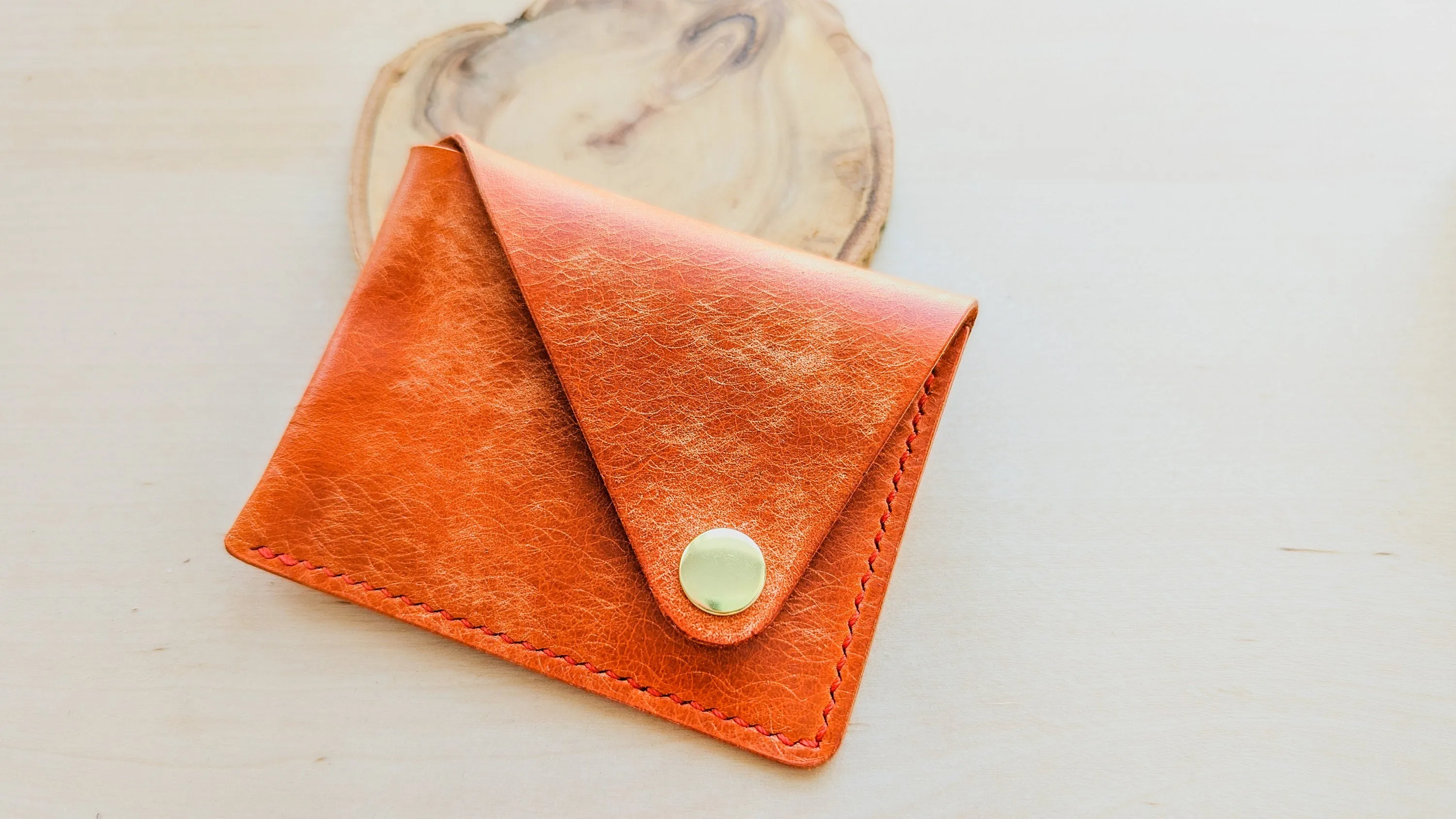 Orange Italian Leather Asymmetrical Minimalist Snap Wallet