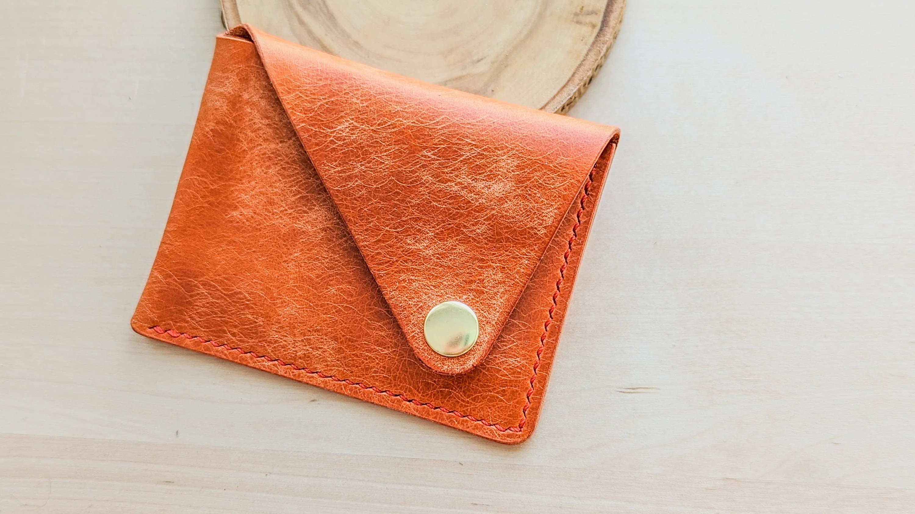 Orange Italian Leather Asymmetrical Minimalist Snap Wallet