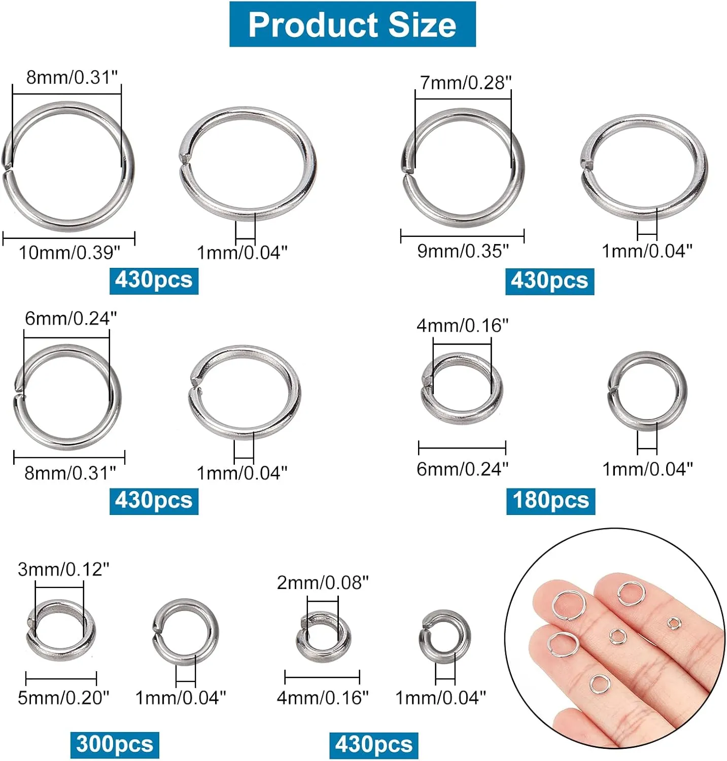 PH PandaHall 1000pcs 304 Stainless Steel Jump Rings, 18-Gauge Open Jump Ring 4/5/6/8/9/10mm Connector Rings O Ring Chainmail Rings for Earring Bracelet Necklace Jewelry Keychain DIY Craft Making
