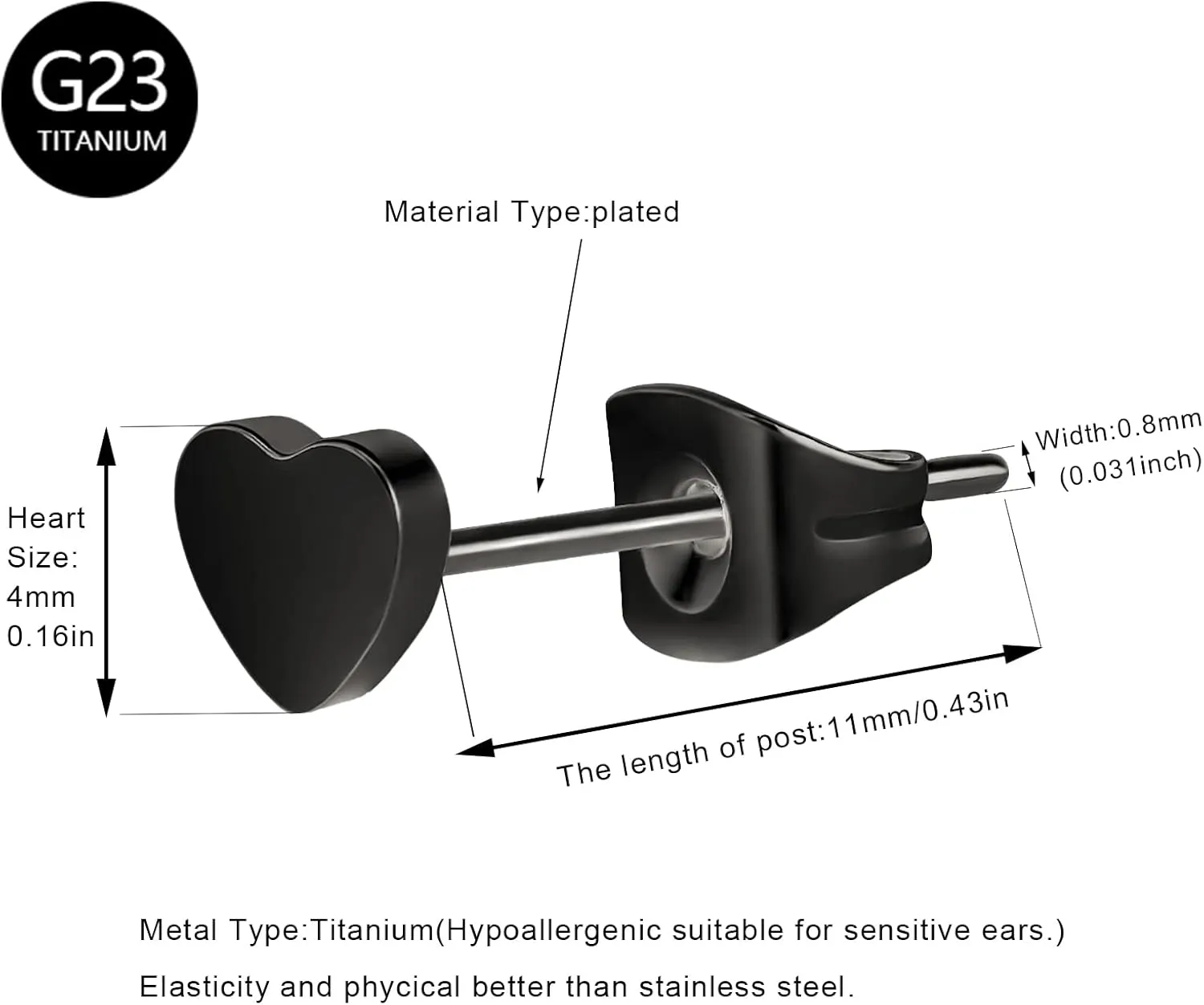 Pure Titanium Heart Earrings Women Flat Star Earring Moon Nickel Free Hypoallergenic Stud Earrings for Sensitive Ears, Bar Earring Stud, Rose Gold/Gold/Black/Silver