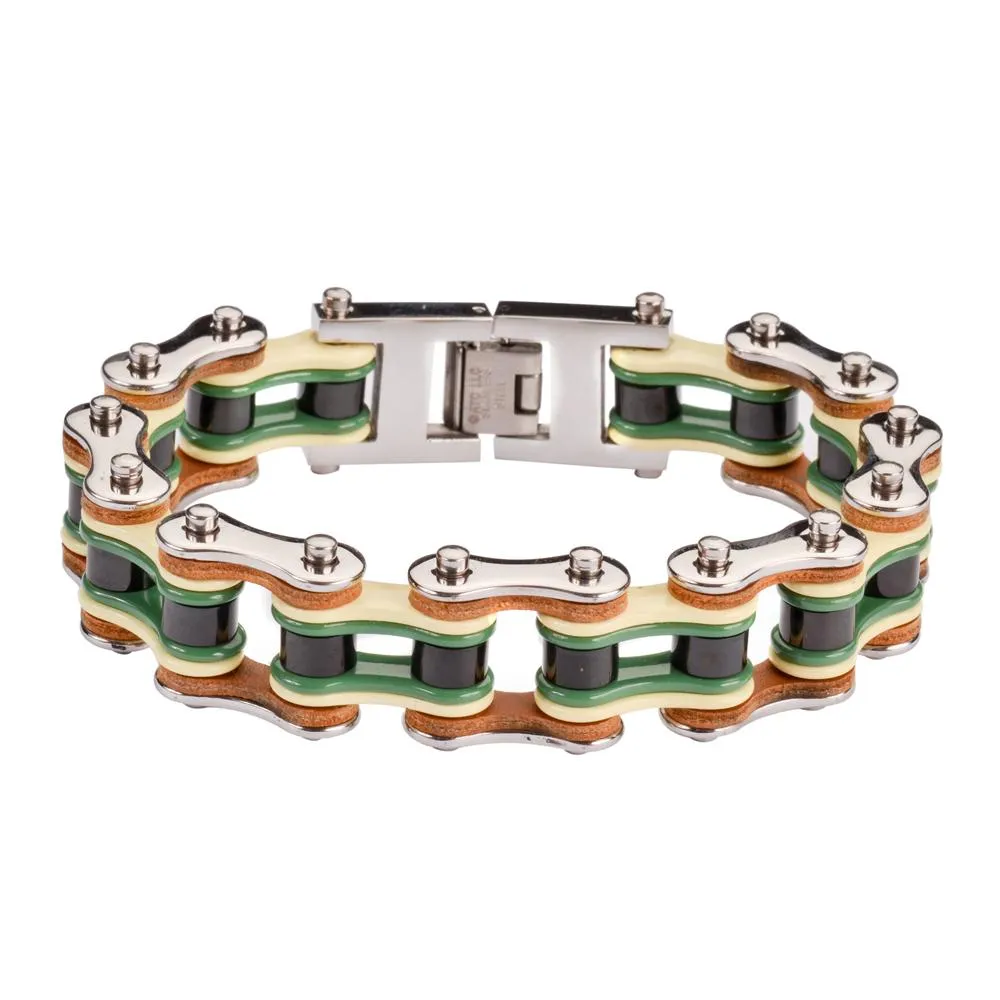Quad Color Silver Yellow Green Black Leather 3/4" Wide Men's Stainless Steel Motorcycle Chain Bracelet