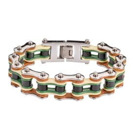 Quad Color Silver Yellow Green Black Leather 3/4" Wide Men's Stainless Steel Motorcycle Chain Bracelet