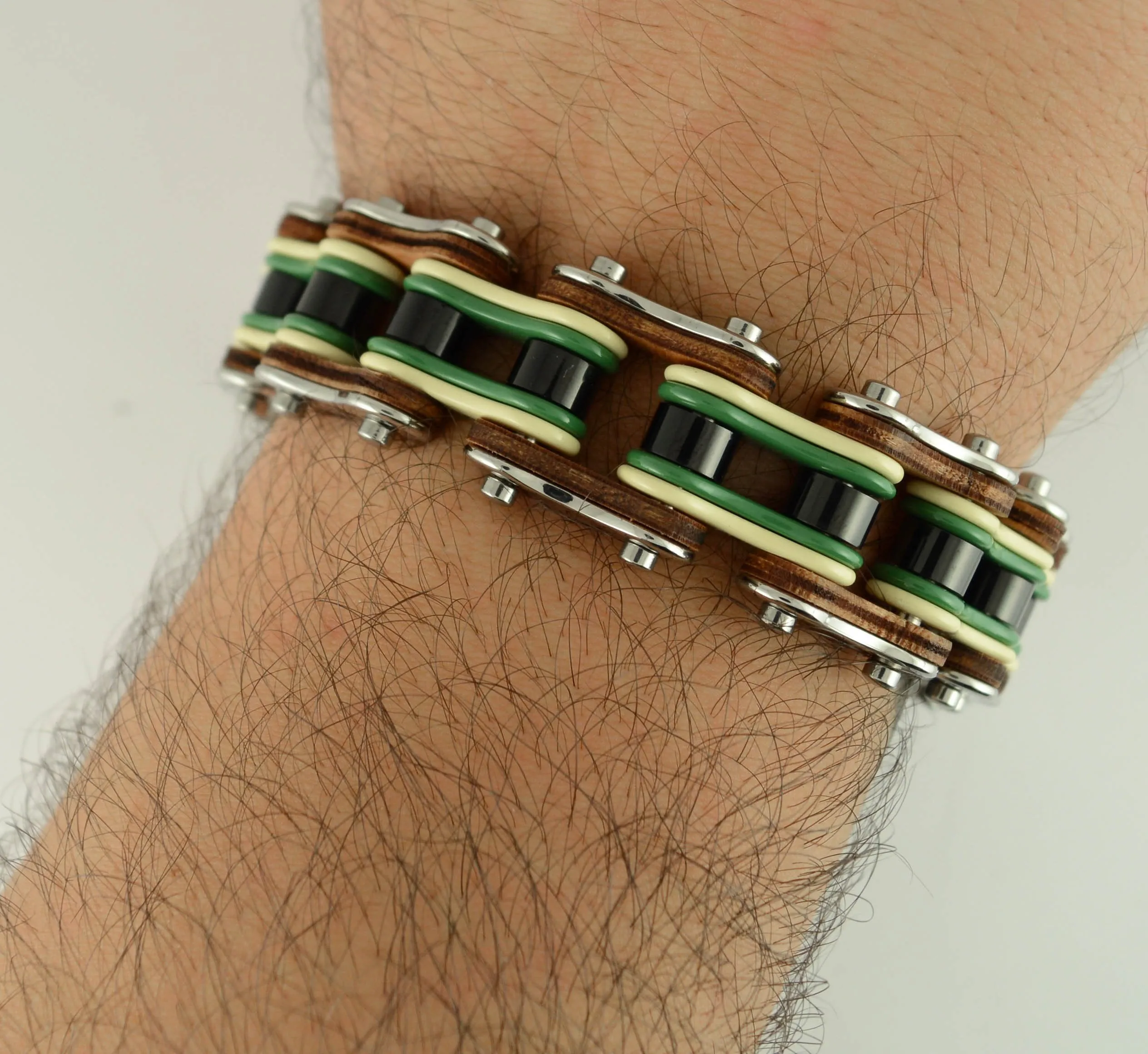 Quad Color Silver Yellow Green Black Leather 3/4" Wide Men's Stainless Steel Motorcycle Chain Bracelet
