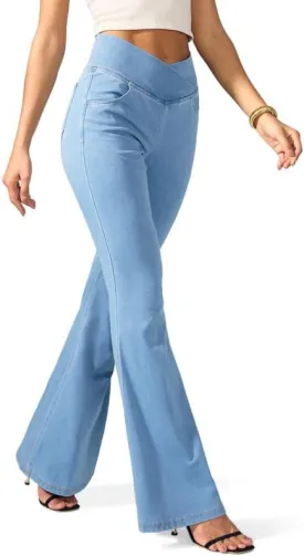 Rammus Flare Jeans for Women Crossover High Waisted Bell Bottom Jeans Trendy Yoga Pants Stretchy Flare Leggings with Pockets
