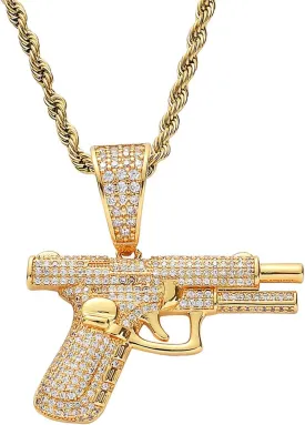 Rrdaily Hip Hop Zircon Pistol Pendant Necklace Stainless Steel Rice Rope Chain Gun Necklace for Men Jewelry Gifts