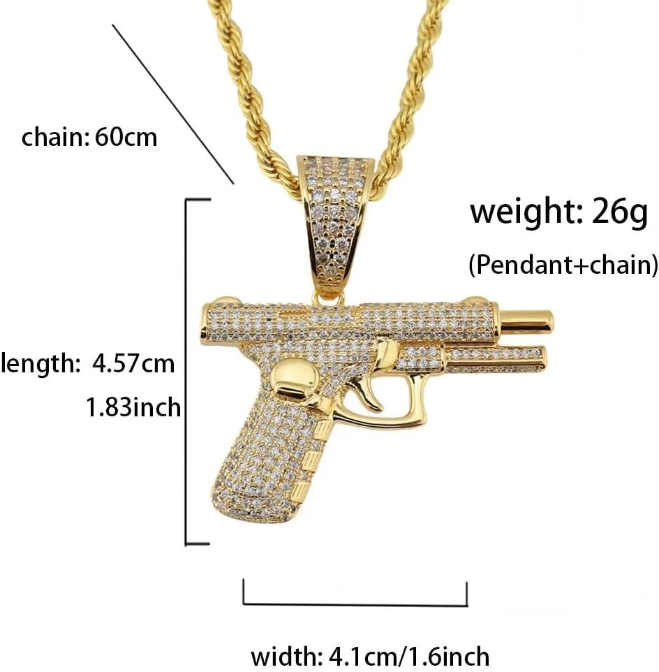 Rrdaily Hip Hop Zircon Pistol Pendant Necklace Stainless Steel Rice Rope Chain Gun Necklace for Men Jewelry Gifts