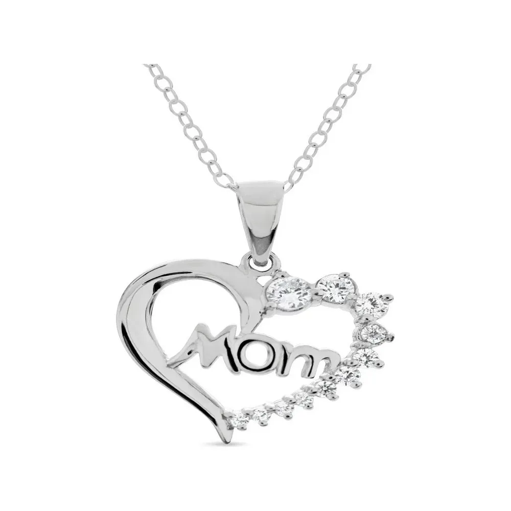 Sterling Silver Rhodium Plated White Cubic Zirconia Mom Heart Pendant Necklace 18 Inches