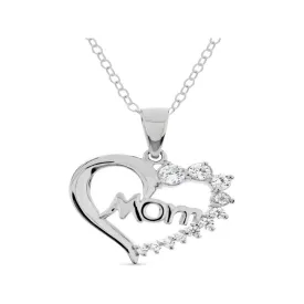 Sterling Silver Rhodium Plated White Cubic Zirconia Mom Heart Pendant Necklace 18 Inches