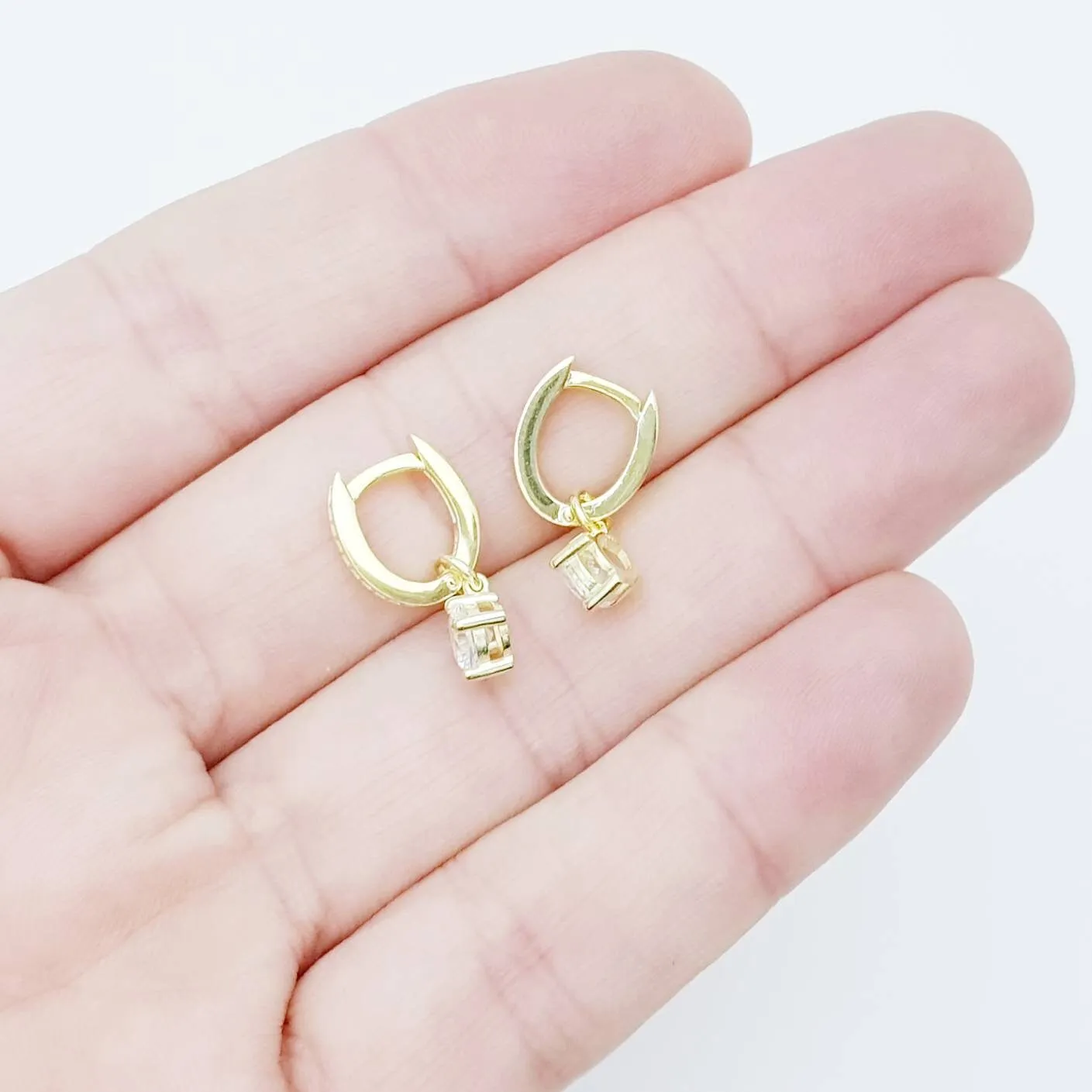 Thin Gold hoop earrings with removable solitaire drop, two earrings in one, faux diamond small huggie earrings