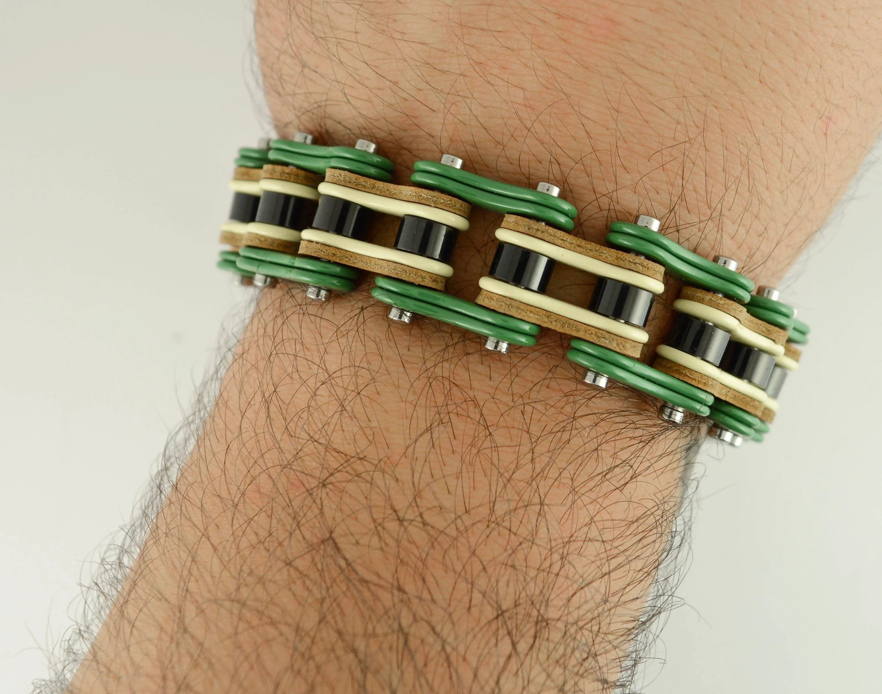 Tri-Color Green Yellow Black Leather 3/4" Wide Men's Stainless Steel Motorcycle Chain Bracelet