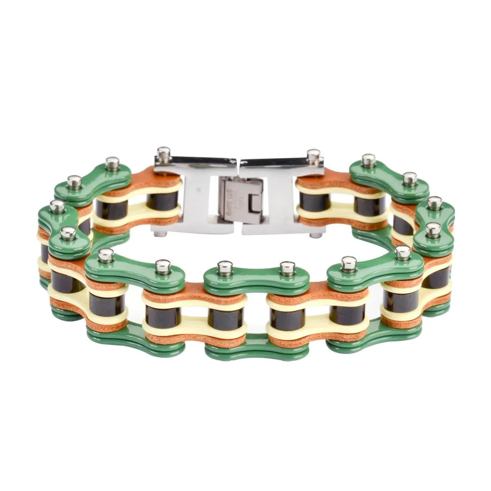 Tri-Color Green Yellow Black Leather 3/4" Wide Men's Stainless Steel Motorcycle Chain Bracelet