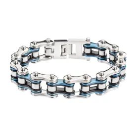 Tri-Color Silver Blue Black 3/4" Wide Double Link DesignUnisex Stainless Steel Motorcycle Chain Bracelet