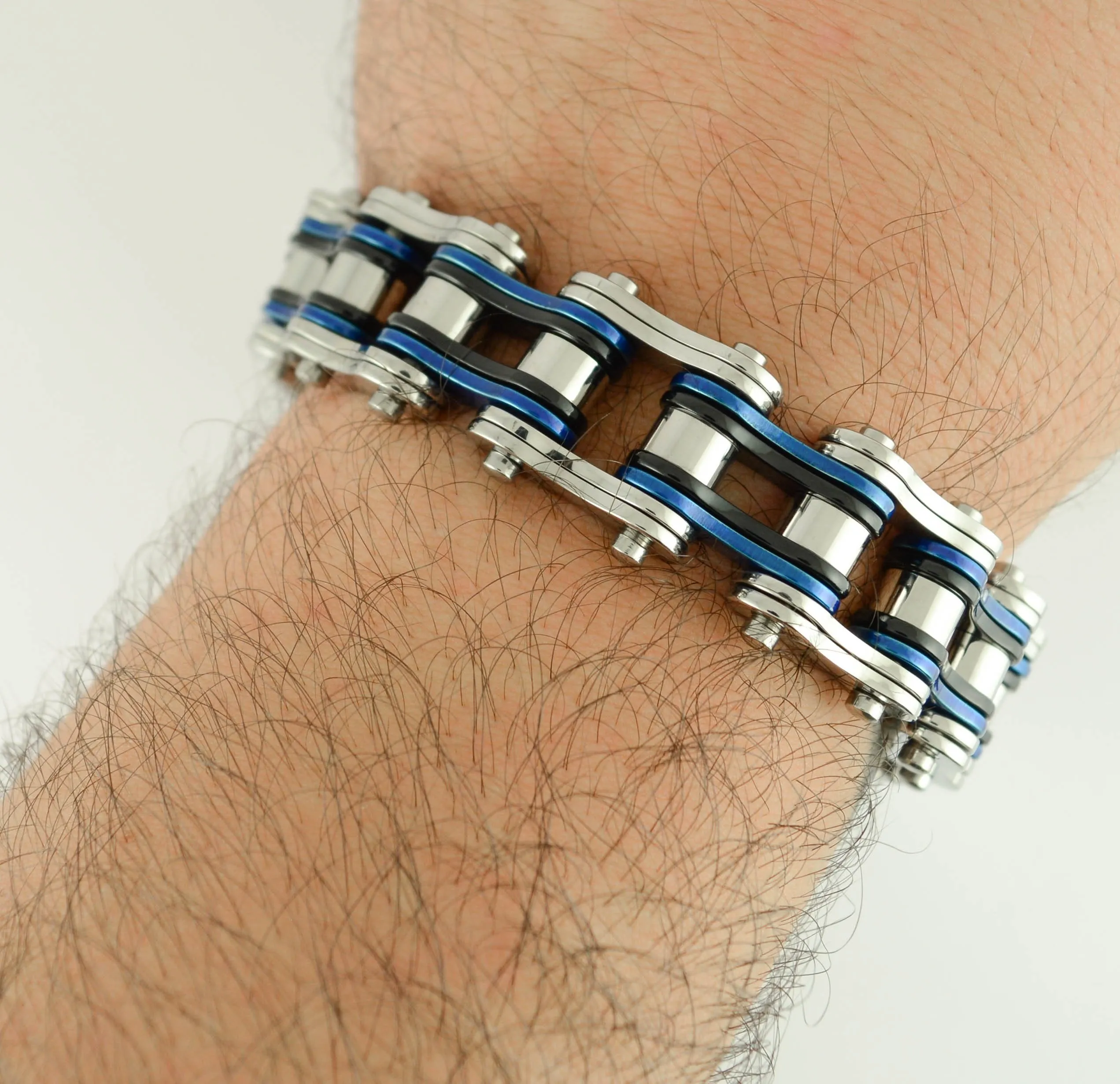 Tri-Color Silver Blue Black 3/4" Wide Double Link DesignUnisex Stainless Steel Motorcycle Chain Bracelet