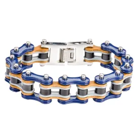 Tri-Color Tone Blue Grey Black Leather 3/4" Wide Double Link Design Men's Stainless Steel Motorcycle Chain Bracelet