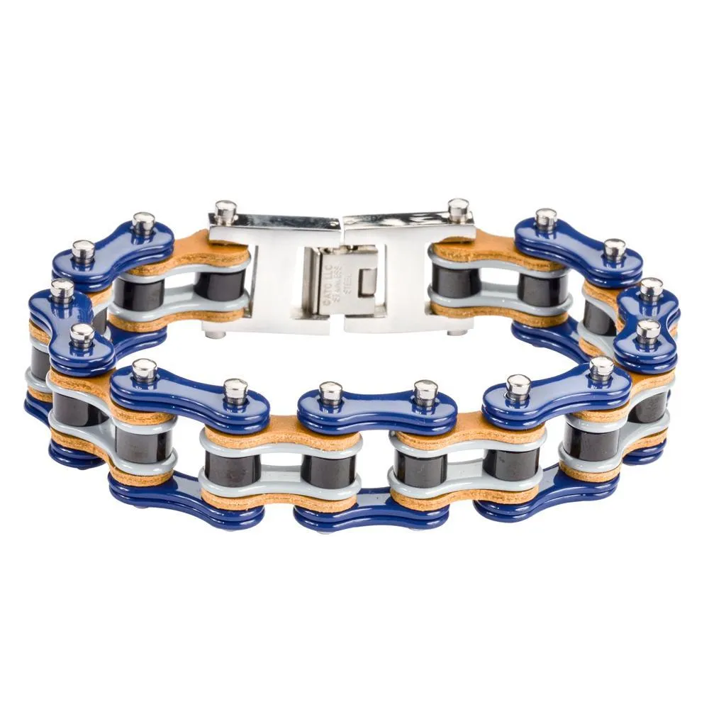 Tri-Color Tone Blue Grey Black Leather 3/4" Wide Double Link Design Men's Stainless Steel Motorcycle Chain Bracelet
