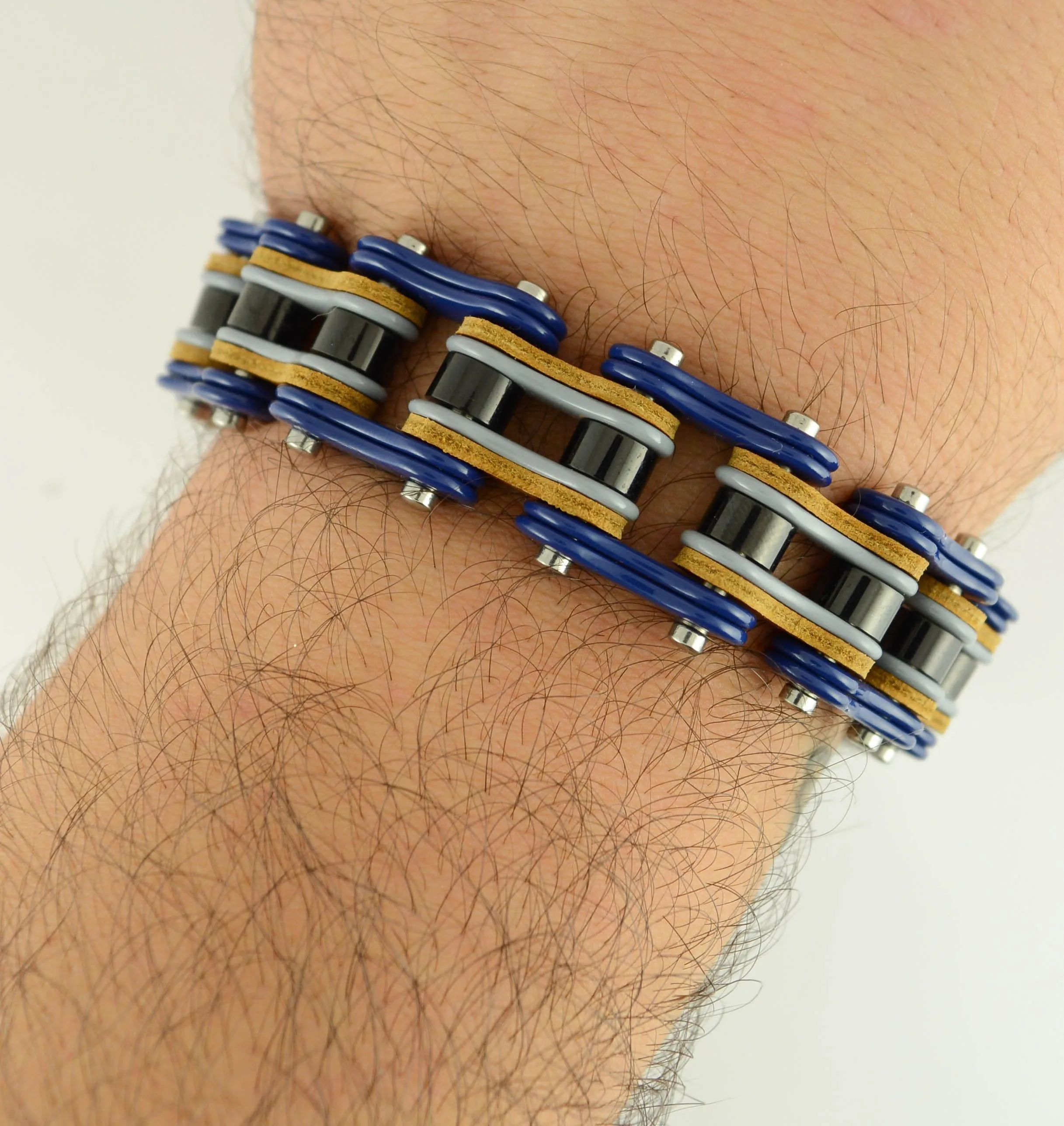 Tri-Color Tone Blue Grey Black Leather 3/4" Wide Double Link Design Men's Stainless Steel Motorcycle Chain Bracelet