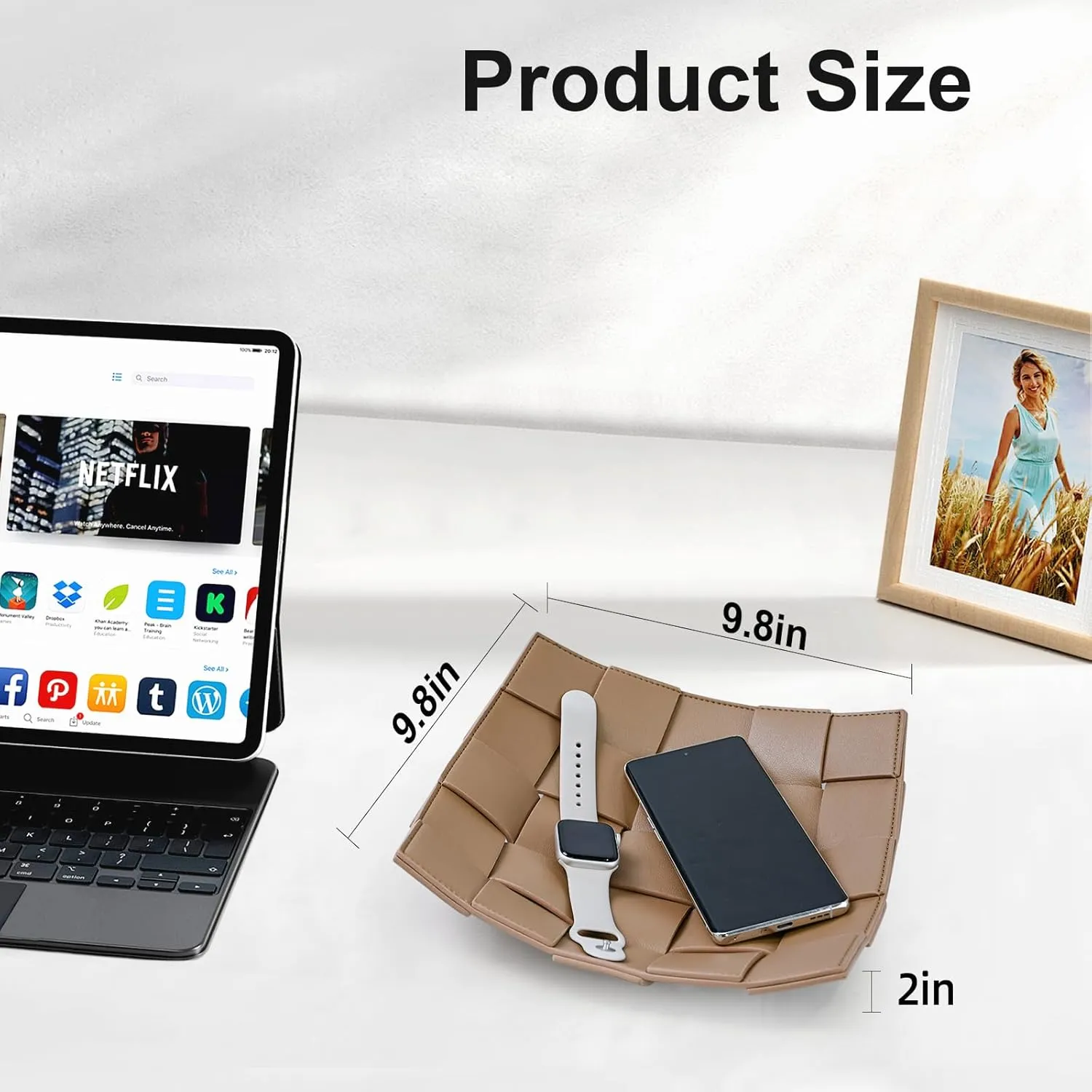 Valet Tray PU Leather Key Holder Bowl for Men Entryway Table Nightstand Catchall Storage Organizer Tray for Wallet, Keys, Coins - Coffee, 9.8" L x 9.8" W x 2" H