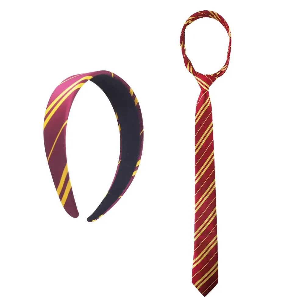 Wizard Costume Headband and Neck Tie for Women Burgundy Yellow Striped Halloween Party Witch Cosplay Accessories for Harry