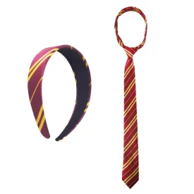 Wizard Costume Headband and Neck Tie for Women Burgundy Yellow Striped Halloween Party Witch Cosplay Accessories for Harry