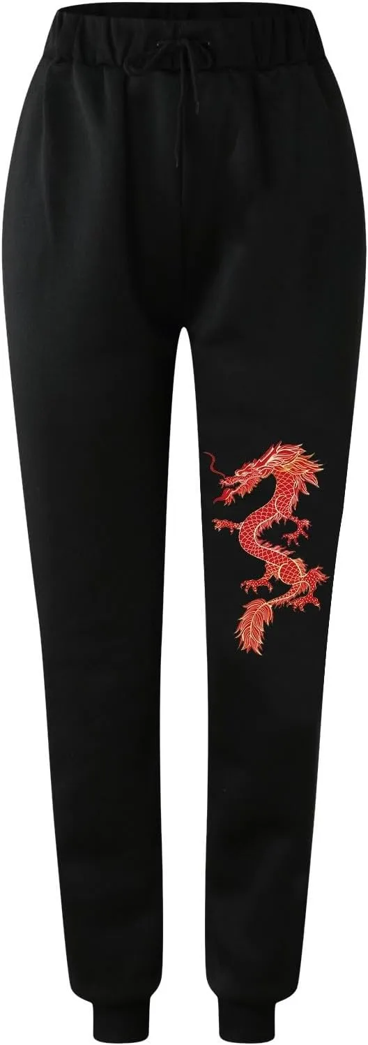 Womens Cinch Bottom Sweatpants Dragon Graphic Joggers Baggy High Waisted Drawstring Waist Active Running Pants with Pockets