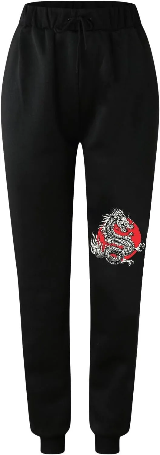 Womens Cinch Bottom Sweatpants Dragon Graphic Joggers Baggy High Waisted Drawstring Waist Active Running Pants with Pockets