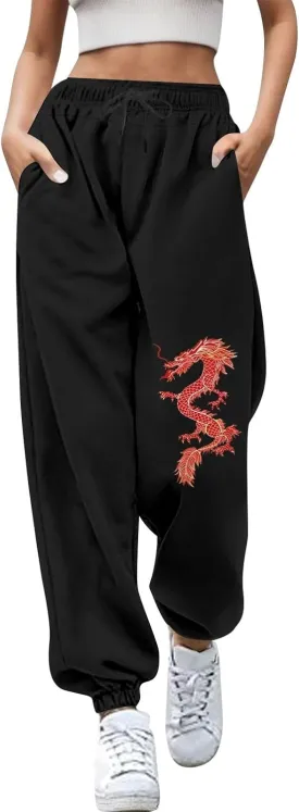 Womens Cinch Bottom Sweatpants Dragon Graphic Joggers Baggy High Waisted Drawstring Waist Active Running Pants with Pockets