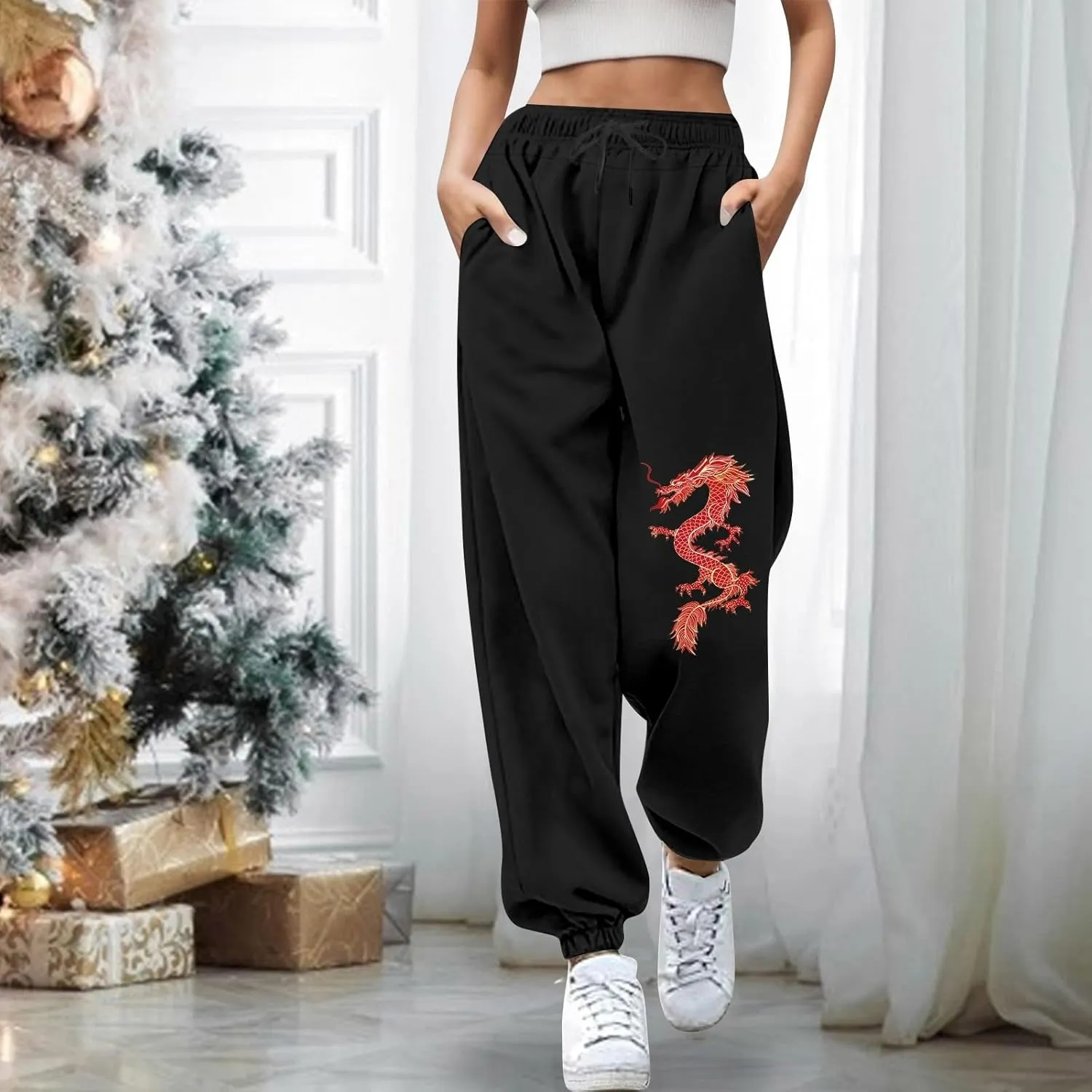 Womens Cinch Bottom Sweatpants Dragon Graphic Joggers Baggy High Waisted Drawstring Waist Active Running Pants with Pockets