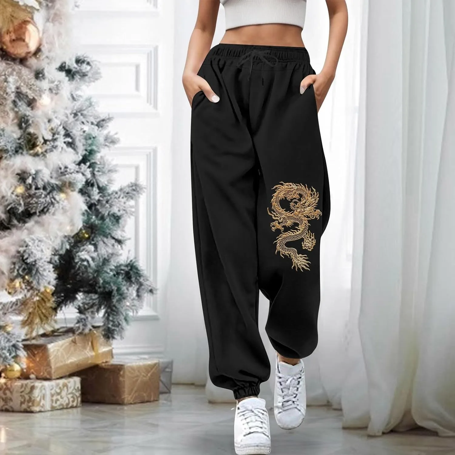 Womens Cinch Bottom Sweatpants Dragon Graphic Joggers Baggy High Waisted Drawstring Waist Active Running Pants with Pockets