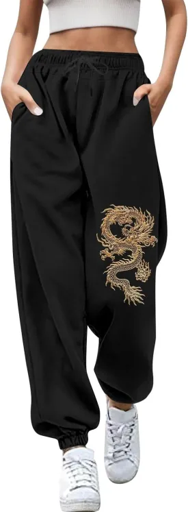 Womens Cinch Bottom Sweatpants Dragon Graphic Joggers Baggy High Waisted Drawstring Waist Active Running Pants with Pockets