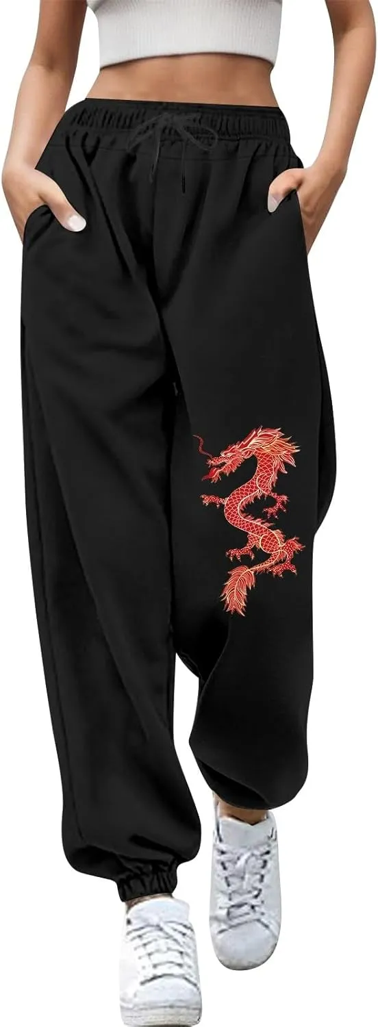 Womens Cinch Bottom Sweatpants Dragon Graphic Joggers Baggy High Waisted Drawstring Waist Active Running Pants with Pockets