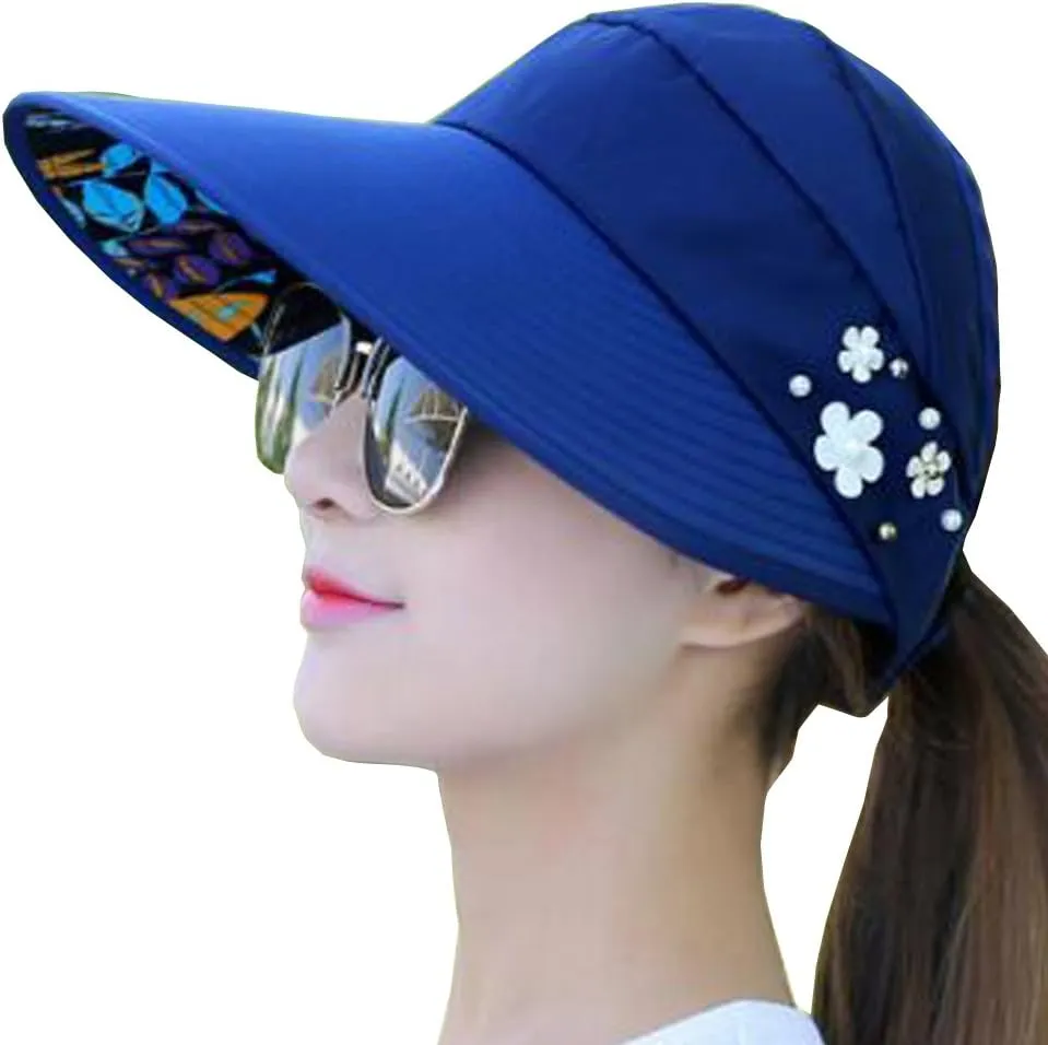 YEKEYI Sun Hats Women Summer Hat Outdoor UV Protection Wide Large Brim Cap Beach Visor Caps Foldable (Nave)