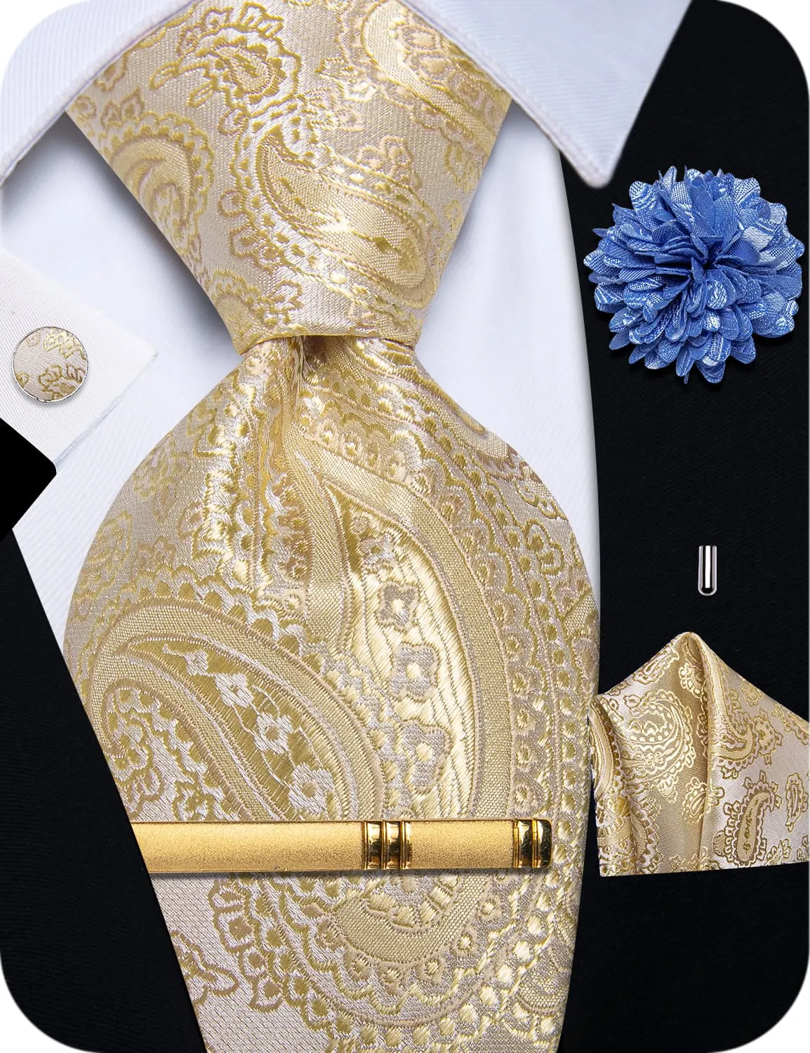 YourTies Beige Tie Paisley Neck Tie Light Blue Brooch Set with Clip