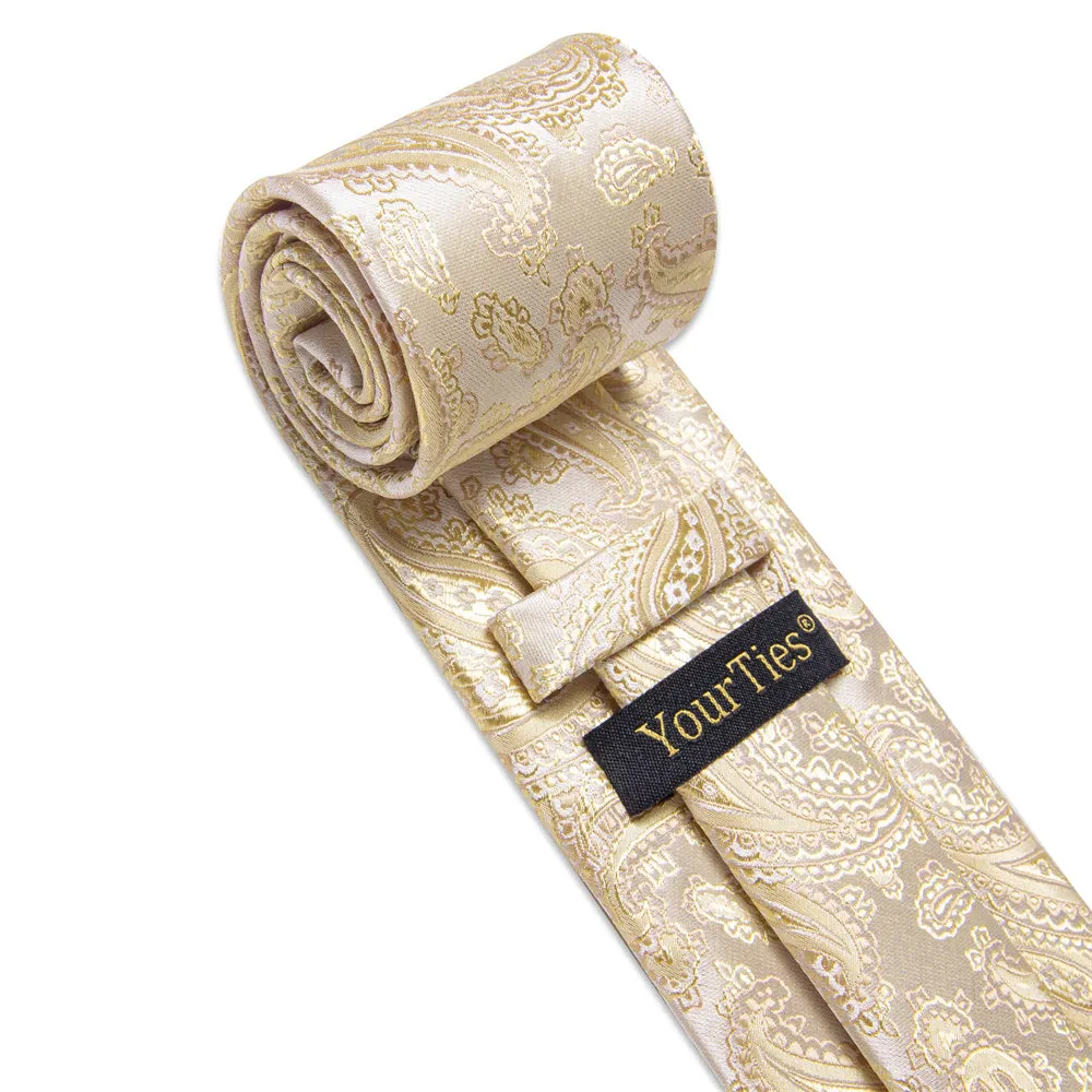 YourTies Beige Tie Paisley Neck Tie Light Blue Brooch Set with Clip
