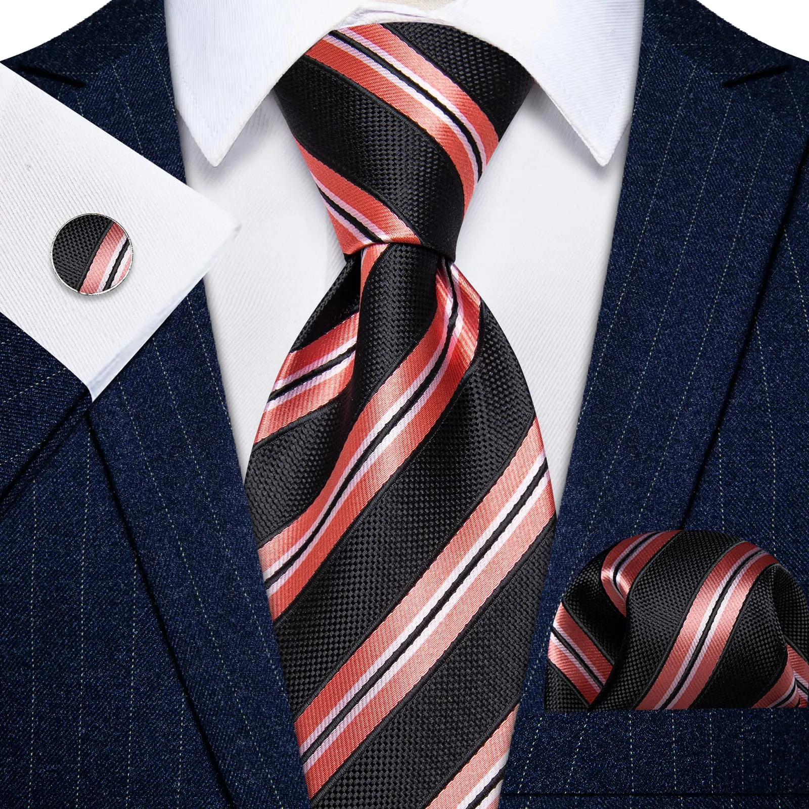 YourTies Black Necktie Coral Red Stripes Men's Tie Brooch for Suit Set