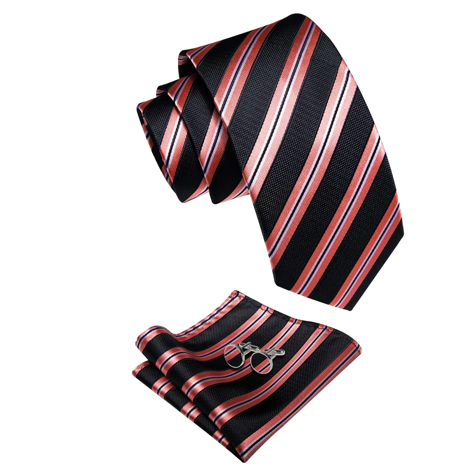 YourTies Black Necktie Coral Red Stripes Men's Tie Brooch for Suit Set