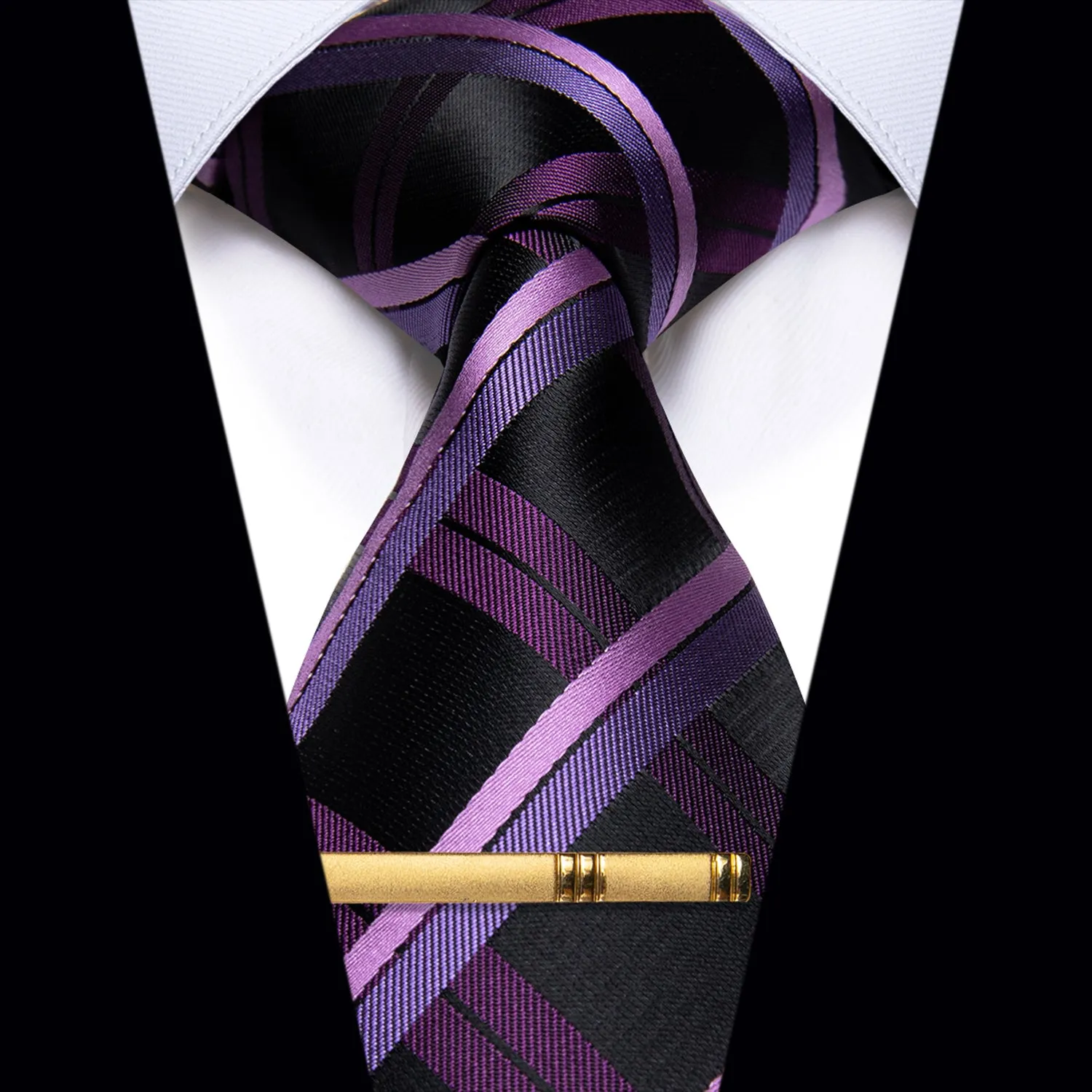 YourTies Black Tie Lavender Purple Plaid Silk Necktie  Golden Tie Clip