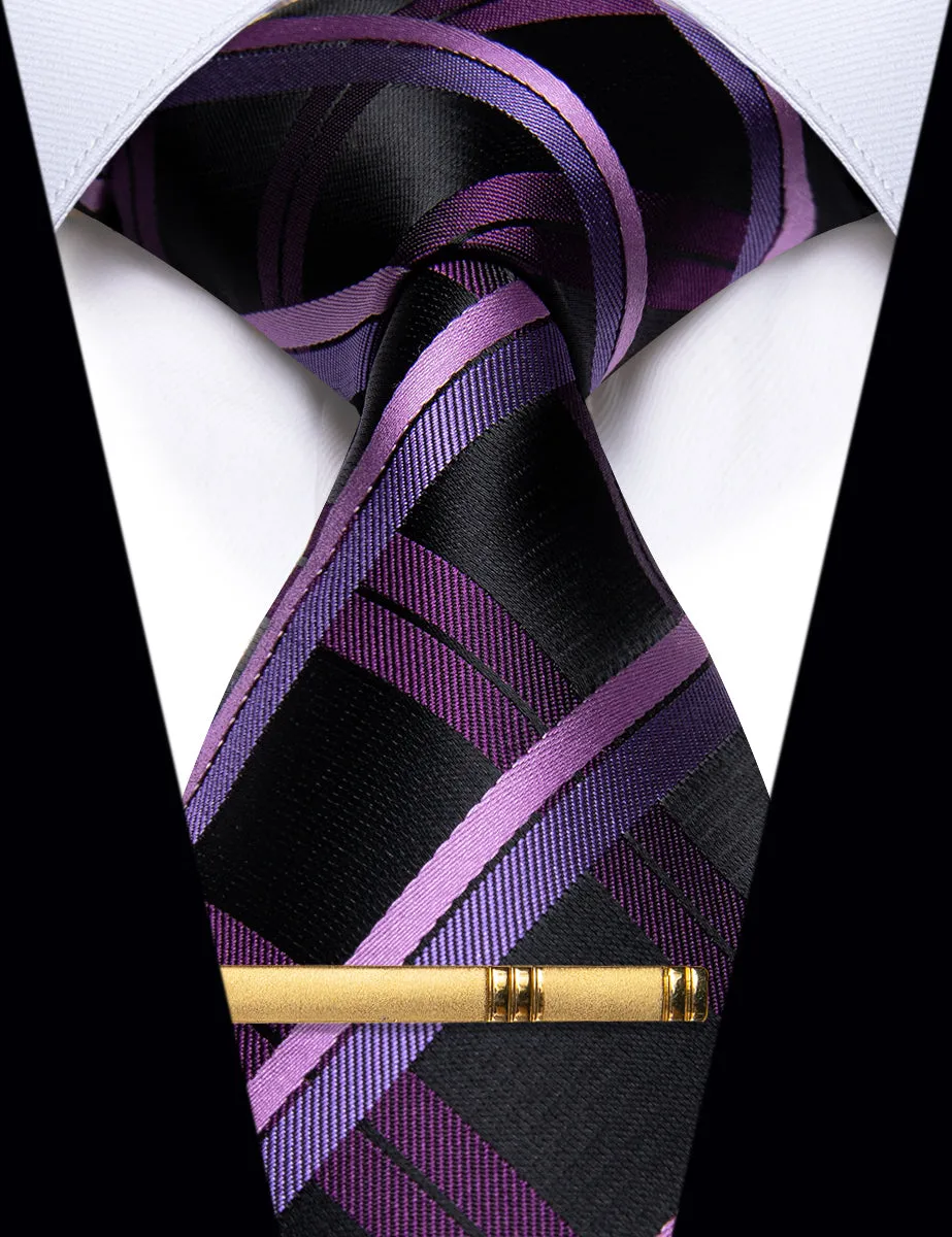 YourTies Black Tie Lavender Purple Plaid Silk Necktie  Golden Tie Clip