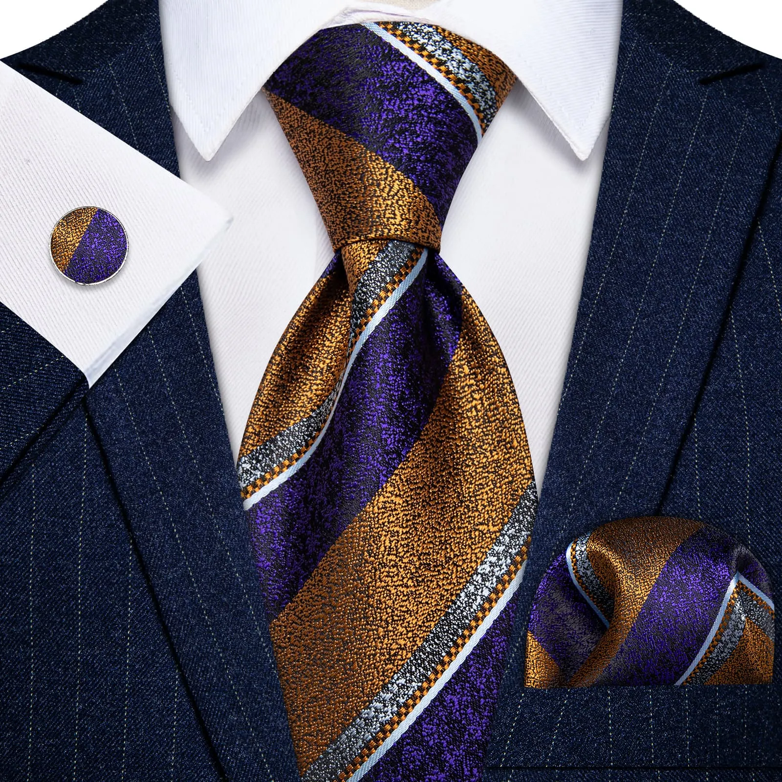YourTies Blue Gold Necktie Striped Men Tie Brooch Set for Suit Blazer