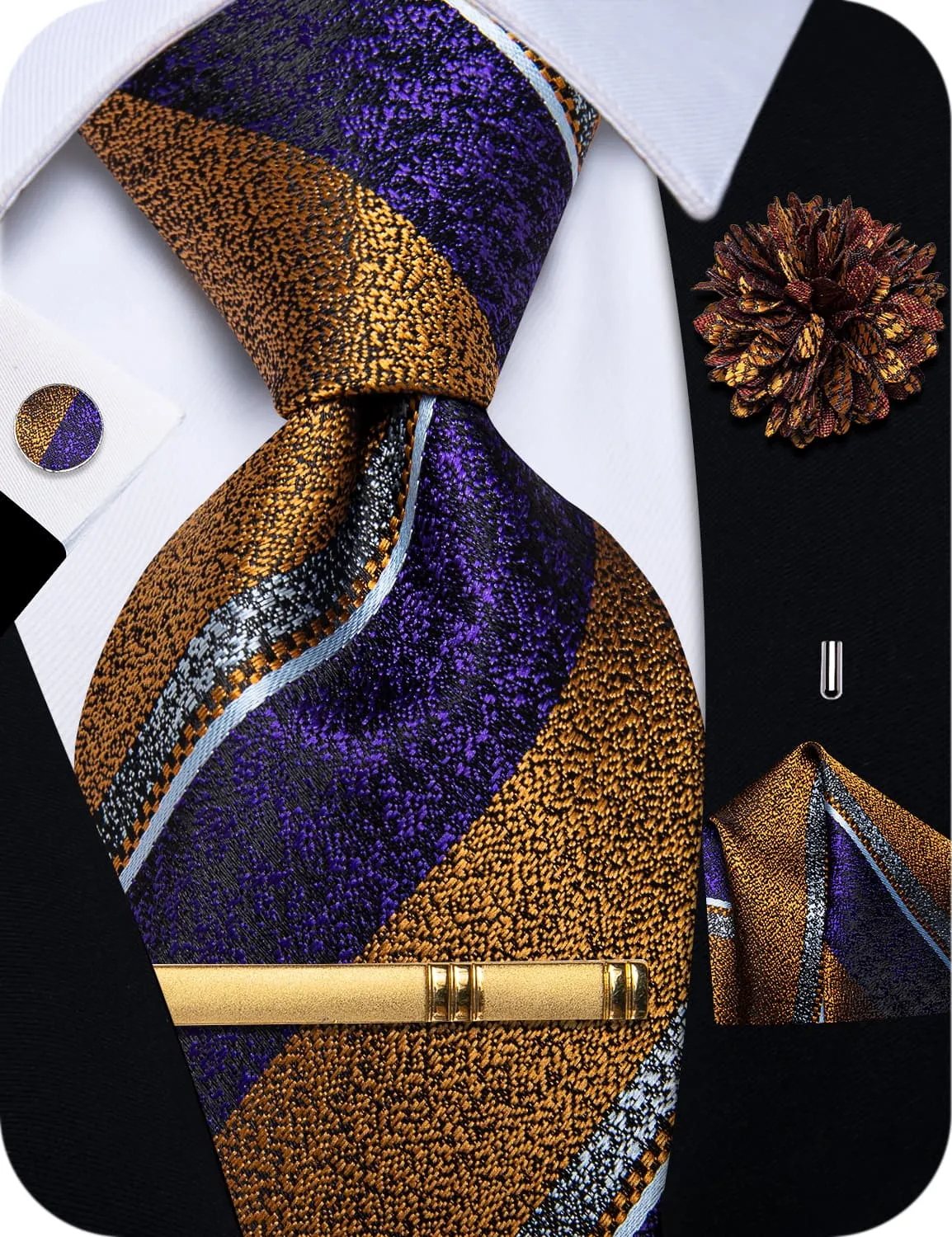 YourTies Blue Gold Necktie Striped Men Tie Brooch Set for Suit Blazer