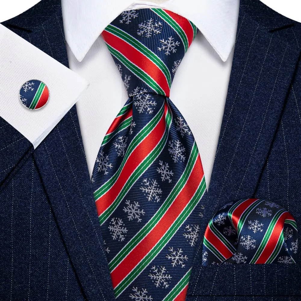 YourTies Dark Blue Red Green Striped Christmas Men's Necktie Set