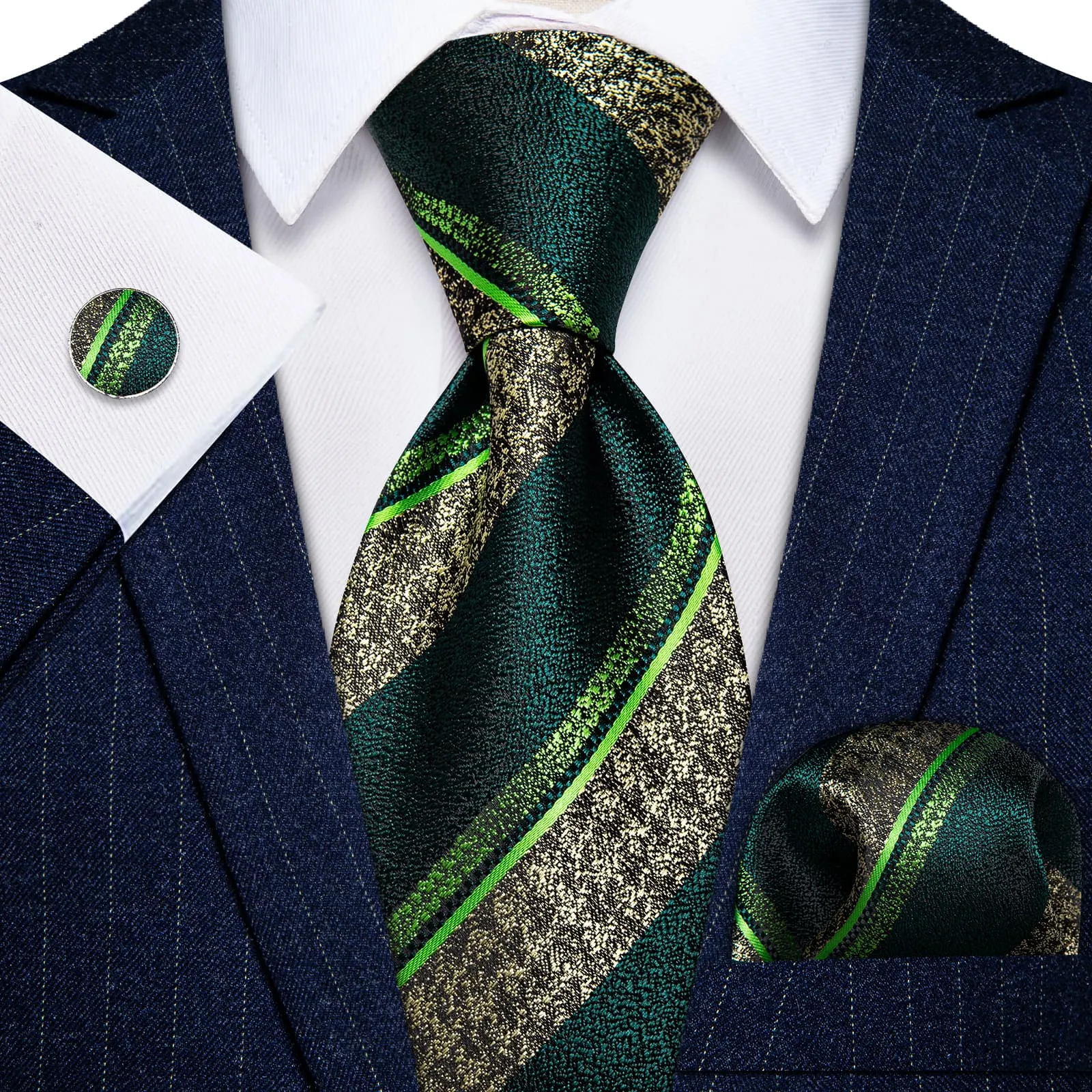 YourTies Dark Green Necktie Men's Wedding Necktie Hanky Cufflinks Set