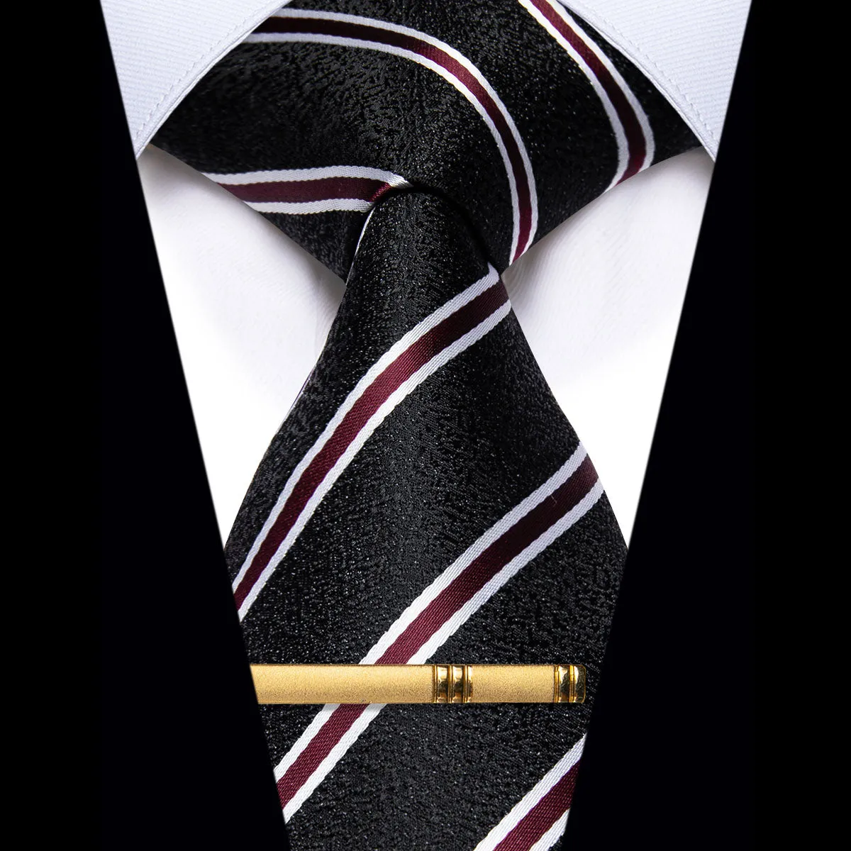 YourTies Mens Black Tie Red Striped Silk Necktie with Golden Tie Clip
