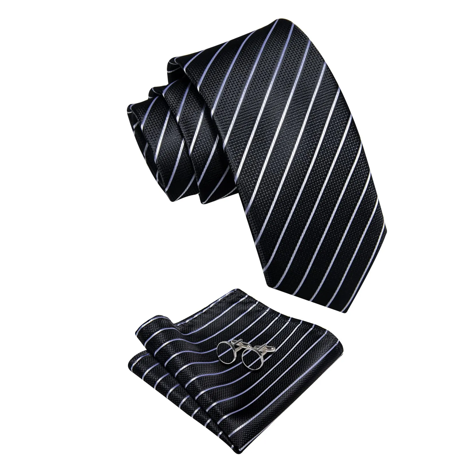 YourTies Stripeds Necktie Black White Jacquard Tie Hanky Cufflinks Set
