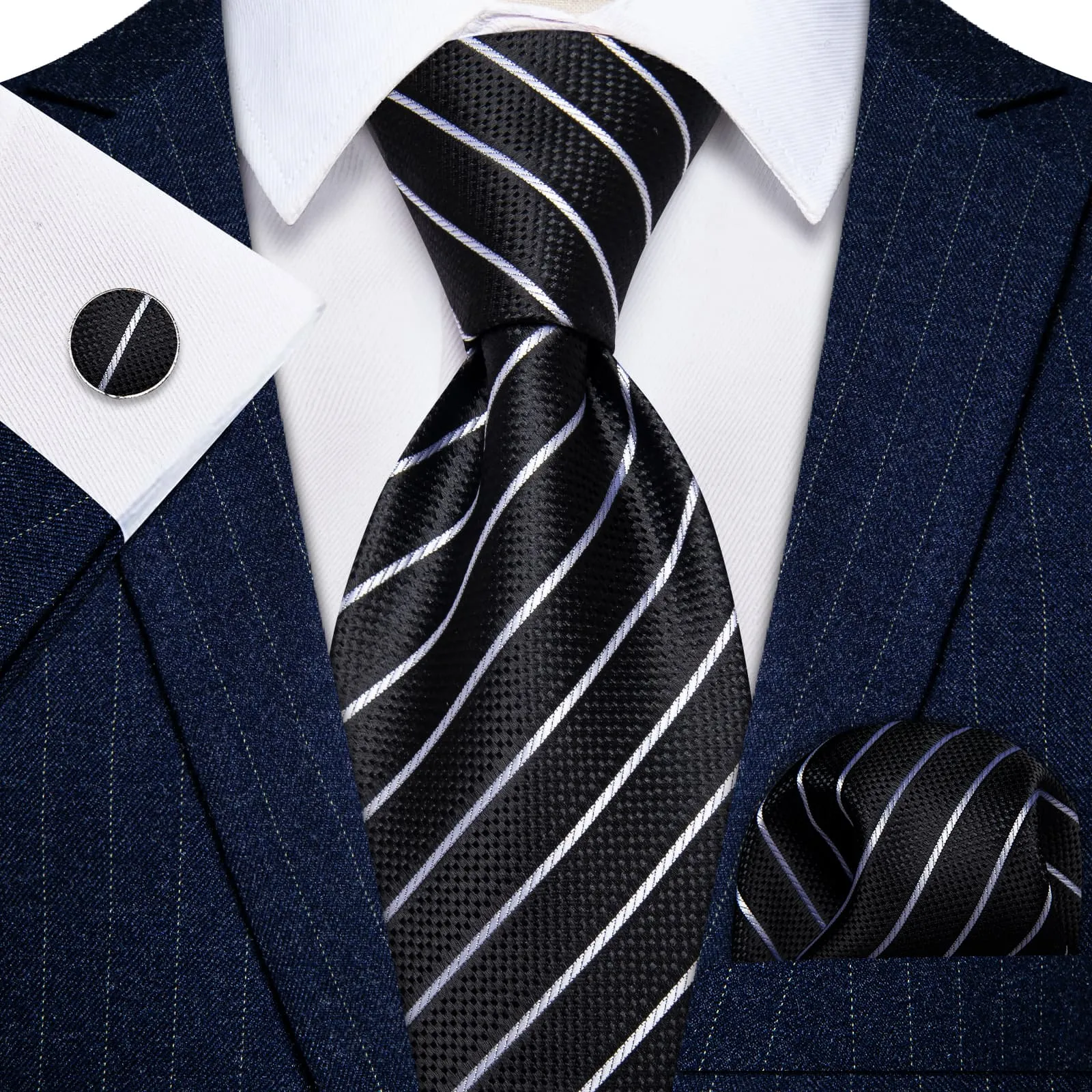 YourTies Stripeds Necktie Black White Jacquard Tie Hanky Cufflinks Set